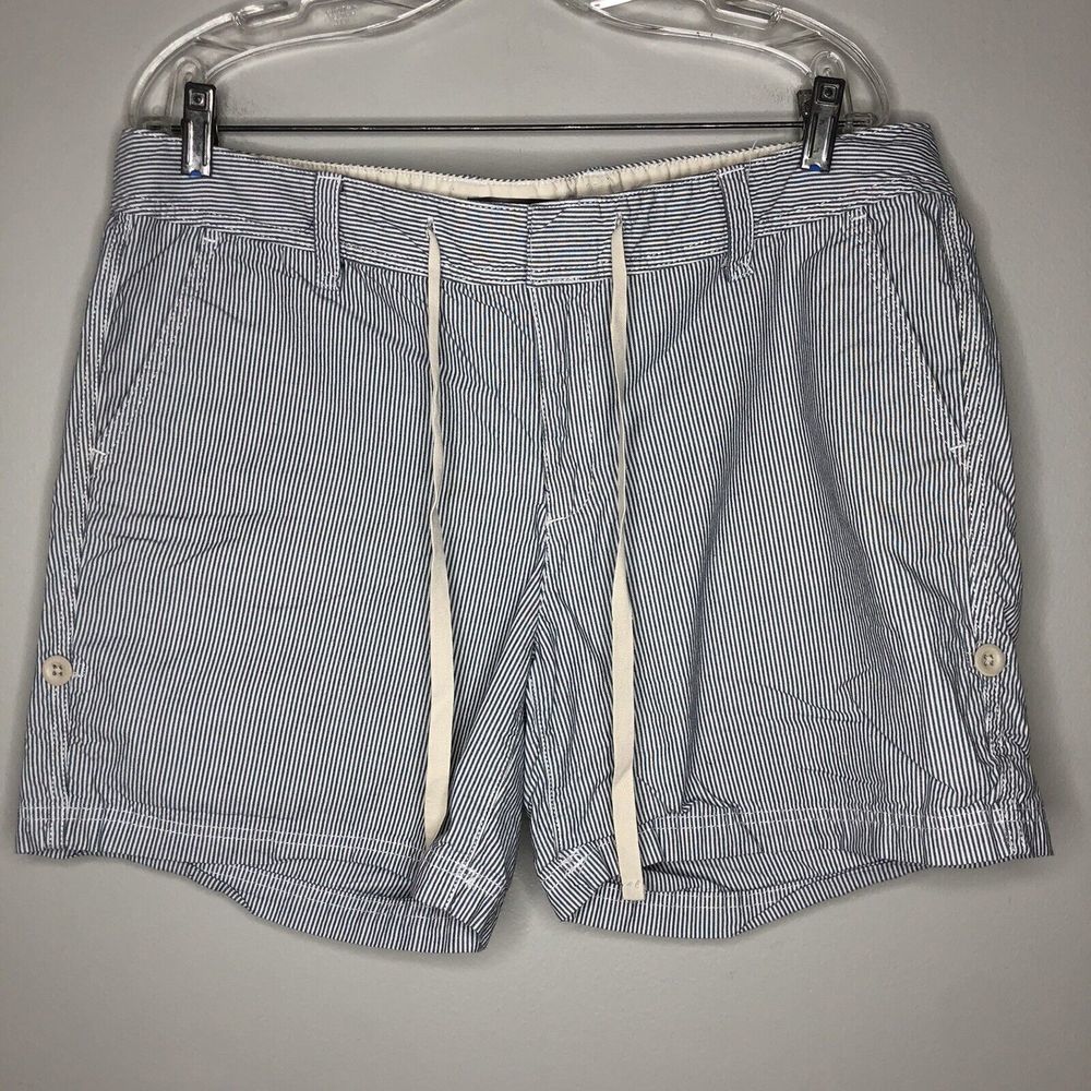Eddie Bauer Women's 14 Blue Hickory Striped Drawstring Roll Up Casual Shorts‎
